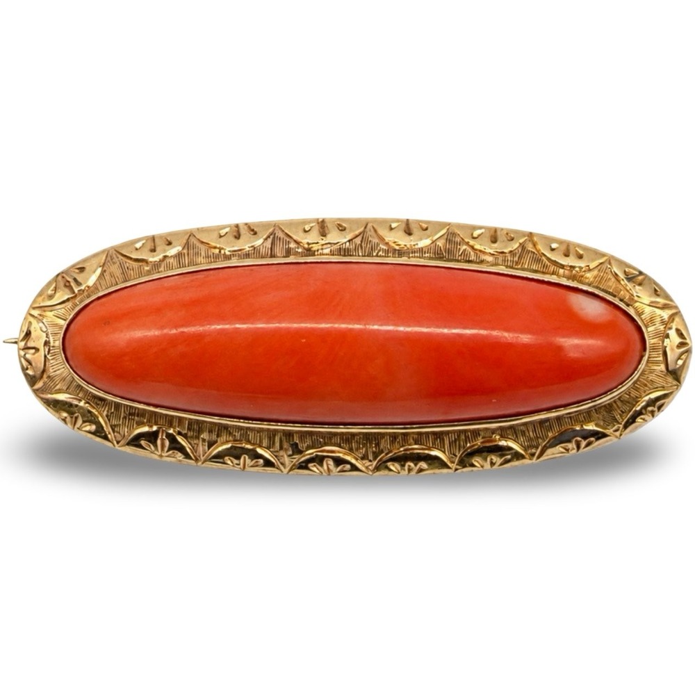 Antique 10K Yellow Gold Coral Cabochon Brooch Victorian Edwardian Engraved Pin